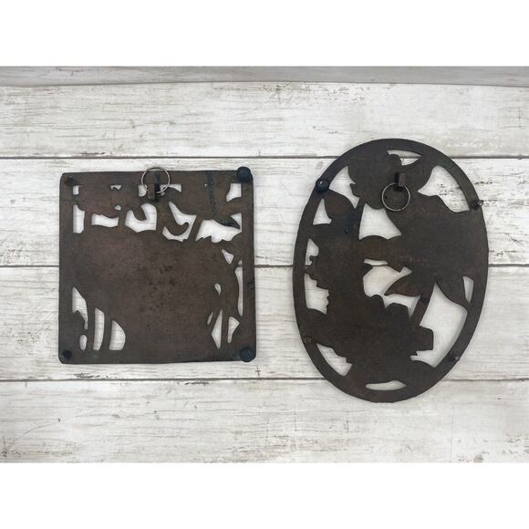 2 Vintage Copper and Cast Iron Floral Trivet Hot Dish Holders SET OF 2 - Picture 10 of 12